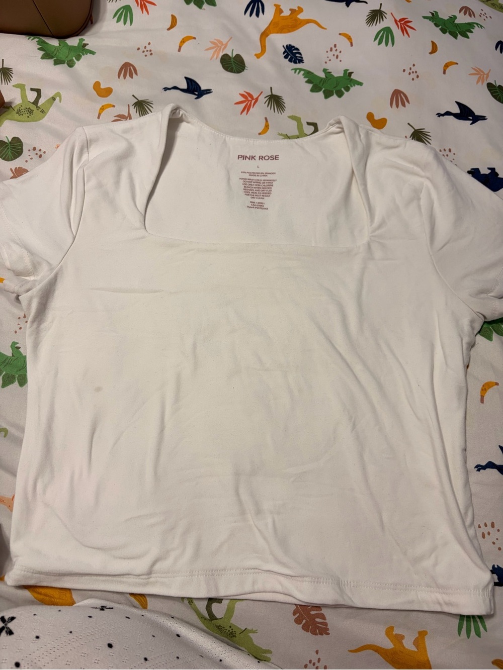 Pink Rose White Square Neck Short Sleeve Top
